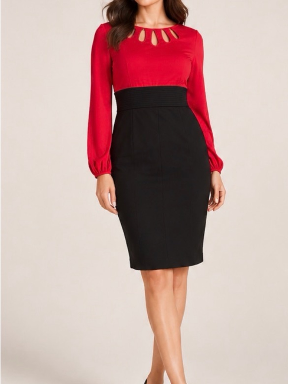White House Black Market Red and Black Long Sleeve Sheath Dress